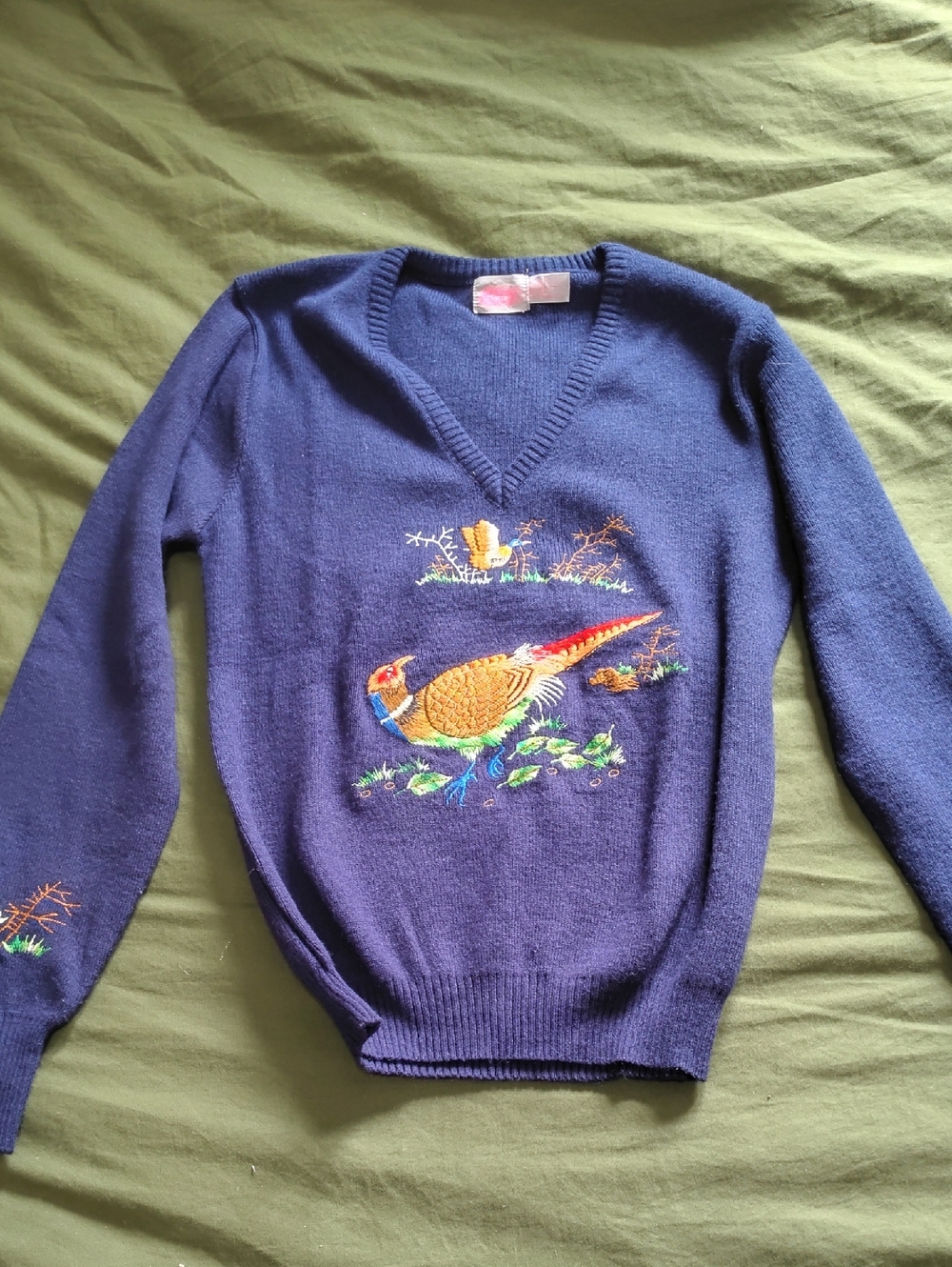 Vintage Navy Vneck Sweater With Embroidered Pheasant JCPenney